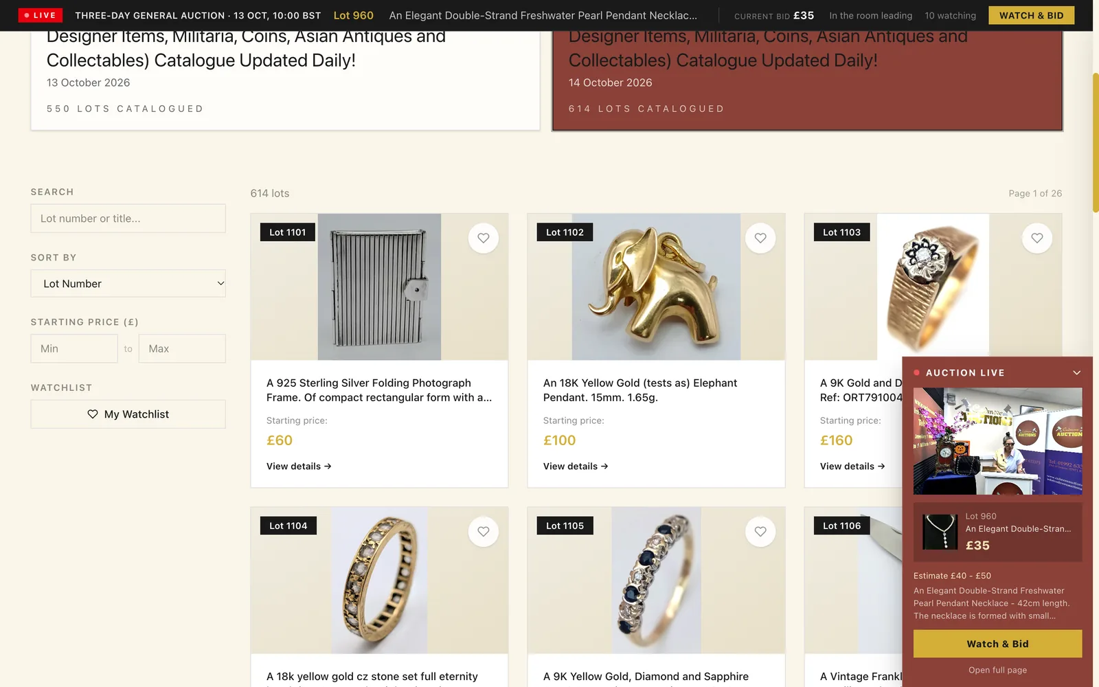 An auction house website during a live sale: a live bar across the top, the catalogue grid, and the sale playing in a corner window with a bid button